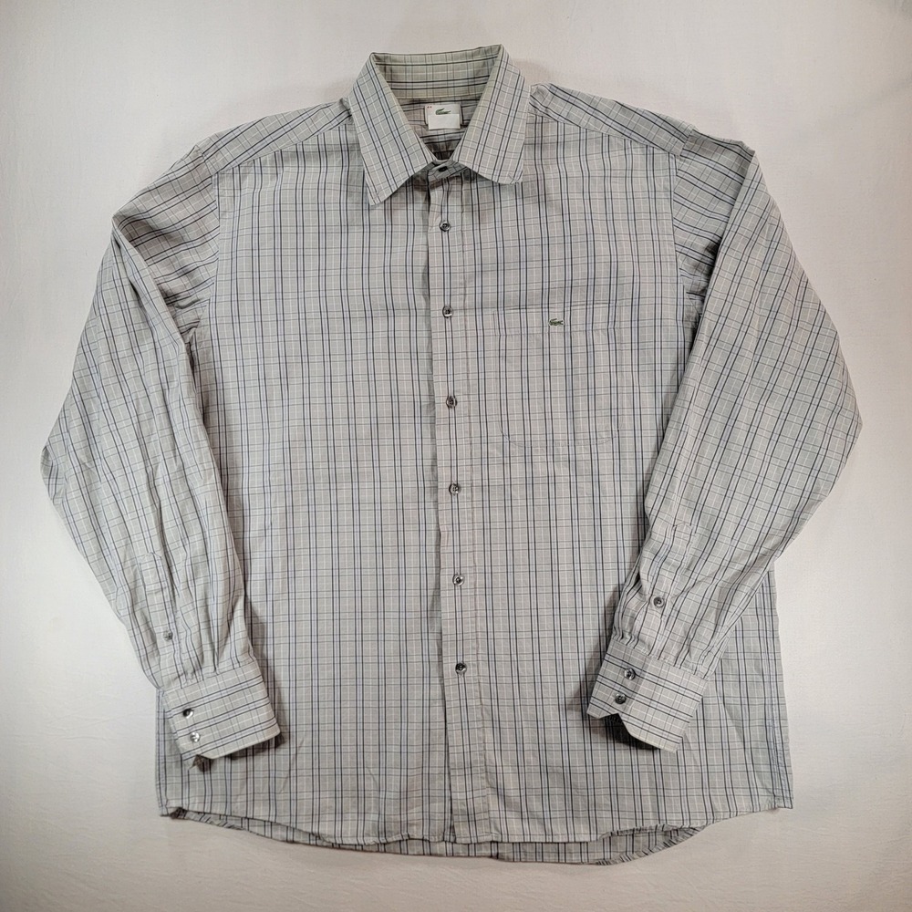 Vintage Lacoste Mens Plaid Button Down Shirt Grey Blue Purple Cotton Size 44 XL